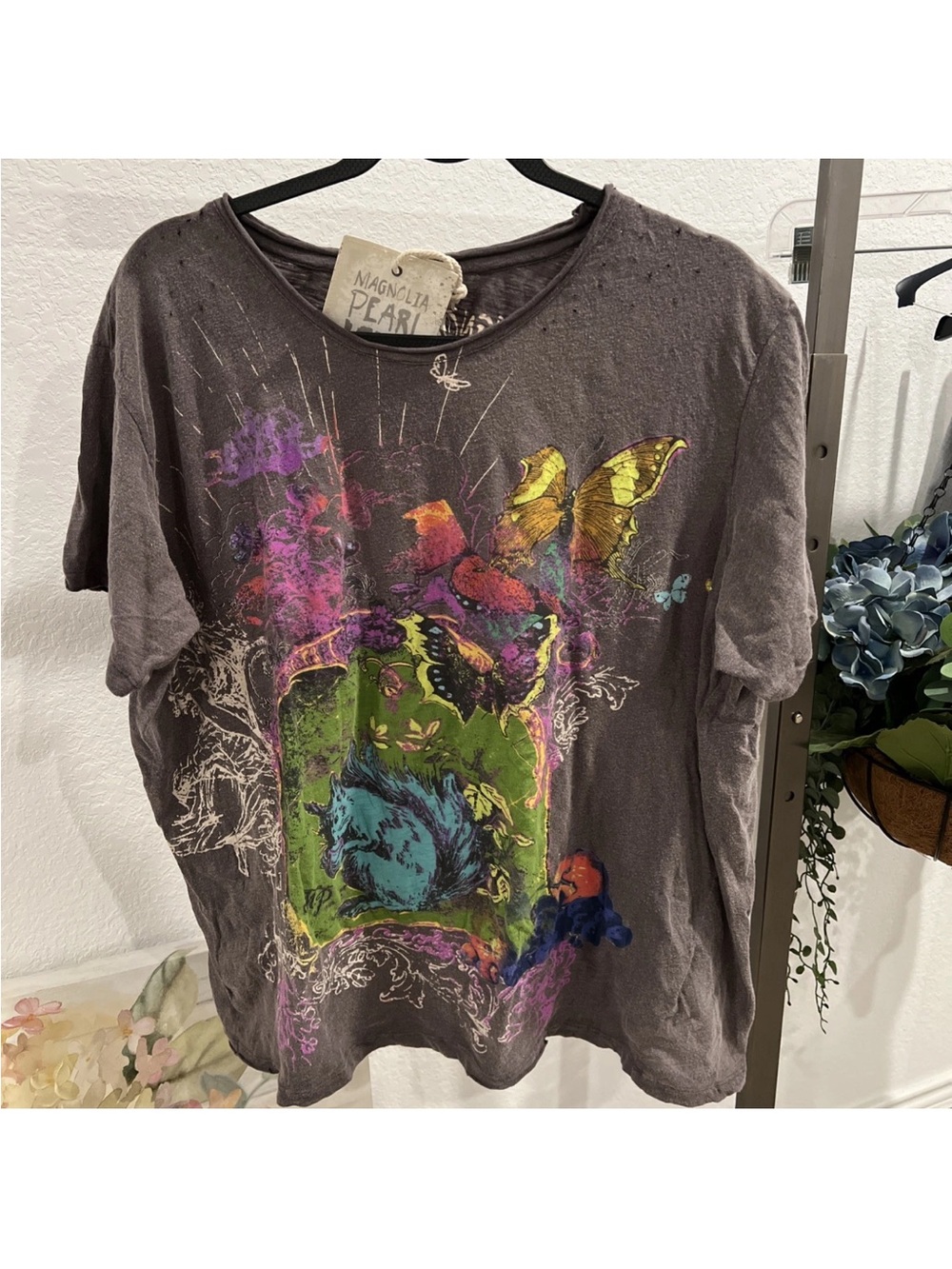 Magnolia Pearl Charcoal Gray Tee with Multicolor Butterfly & Floral Print